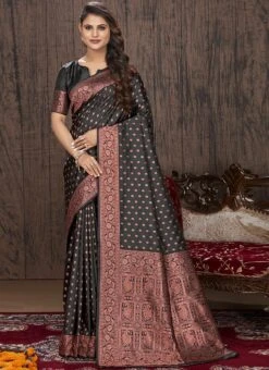 Woven Jacquard Work Black Color Banarasi Silk Saree Festive Wear -C Bazaar Shop woven jacquard work black color banarasi silk saree sasli19506203 u