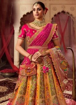 Yellow Art Silk Banarasi Stone Work Umbrella Lehenga Wedding Wear -C Bazaar Shop yellow art silk banarasi stone work umbrella lehenga ghmkns10255 b