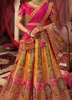 Yellow Art Silk Banarasi Stone Work Umbrella Lehenga Wedding Wear