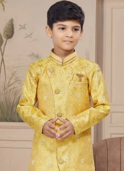 Yellow Art Silk Embroidered Indowestern Sherwani For Boys Festive Wear -C Bazaar Shop yellow art silk embroidered indowestern sherwani for boys kdbmsgr609 b