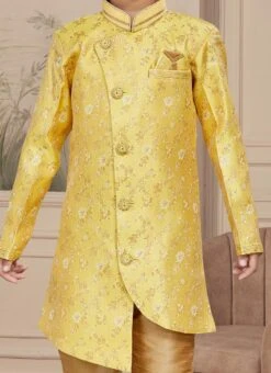 Yellow Art Silk Embroidered Indowestern Sherwani For Boys Festive Wear