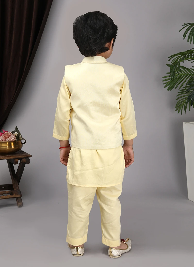 Yellow Art Silk Embroidered Kid Boys Bandi Set Party Wear 3 Yellow Art Silk Embroidered Kid Boys Bandi Set Party Wear - Image 3