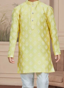 Yellow Art Silk Embroidered Kurta Pyjama For Boys Festive Wear