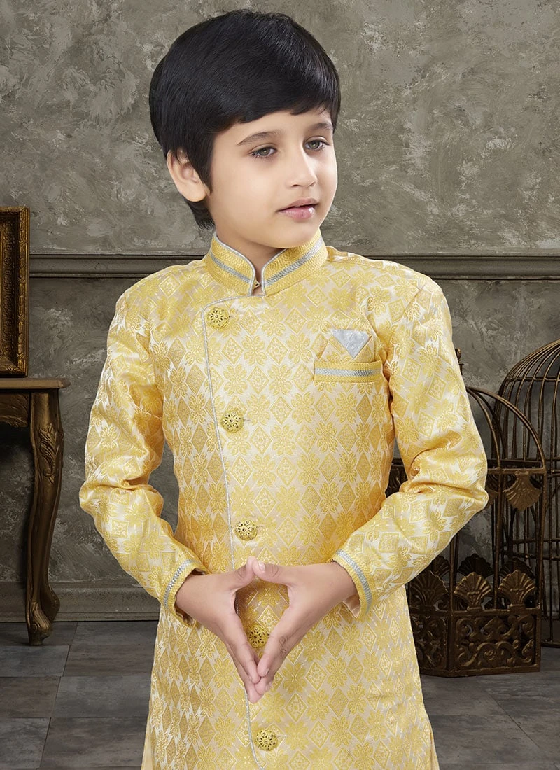 Yellow Art Silk Jacquard Indowestern Sherwani Party Wear 3 Yellow Art Silk Jacquard Indowestern Sherwani Party Wear - Image 3