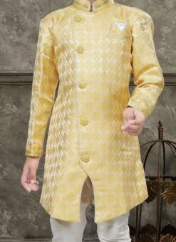Yellow Art Silk Jacquard Indowestern Sherwani Party Wear