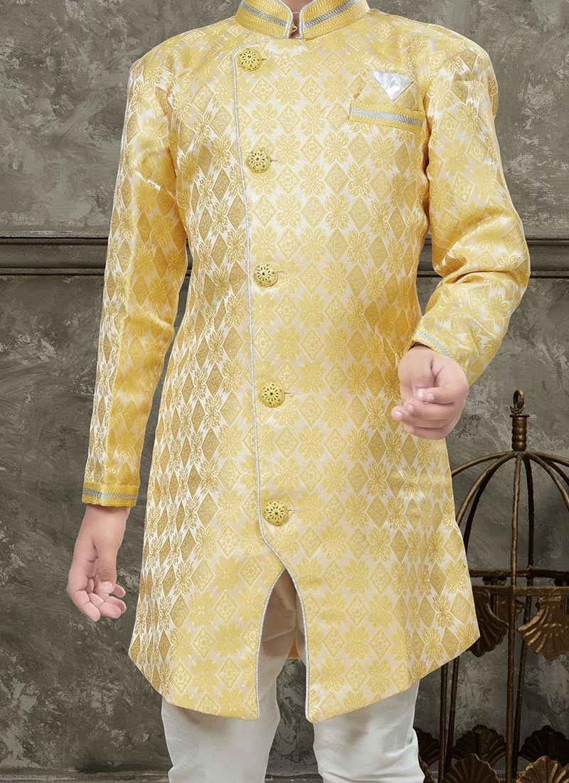 Yellow Art Silk Jacquard Indowestern Sherwani Party Wear 1 Yellow Art Silk Jacquard Indowestern Sherwani Party Wear