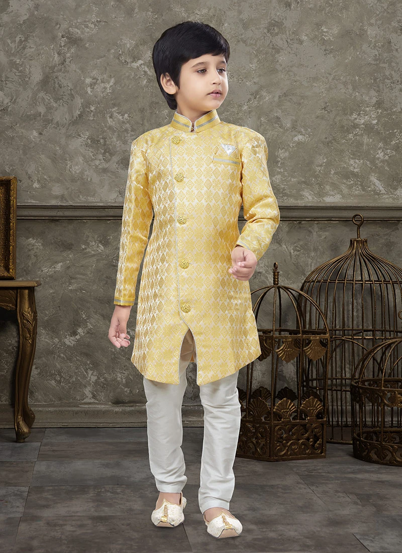 Yellow Art Silk Jacquard Indowestern Sherwani Party Wear 2 Yellow Art Silk Jacquard Indowestern Sherwani Party Wear - Image 2