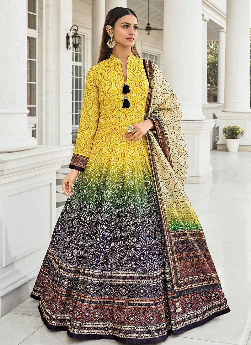 Yellow Art Silk Ombre Bandhani Gown Party Wear 3 Yellow Art Silk Ombre Bandhani Gown Party Wear - Image 3