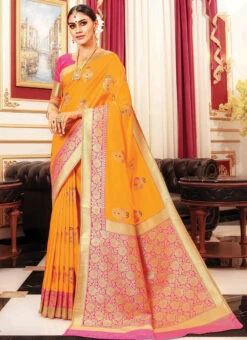 Yellow Art Silk Saree Festive Wear -C Bazaar Shop yellow art silk saree sassgvir1003 u