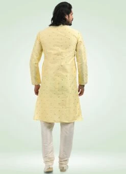 Yellow Banarasi Silk Jacquard Kurta Pyjama Party Wear -C Bazaar Shop yellow banarasi silk jacquard kurta pyjama kpmsc1802 b