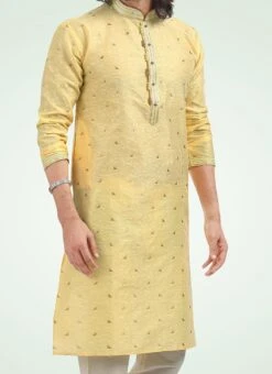 Yellow Banarasi Silk Jacquard Kurta Pyjama Party Wear