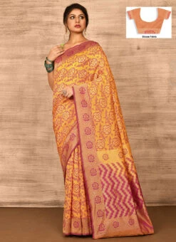 Yellow Banarasi Katan Silk Zari Weaving Saree Festive Wear -C Bazaar Shop yellow benarasi katan zari weaving saree savns670o u