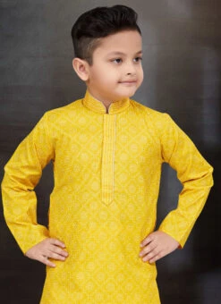Yellow Blended Cotton Printed Kids Boys Kurta Pyjama Festive Wear -C Bazaar Shop yellow blended cotton printed kids boys kurta pyjama kdbmss6234 b