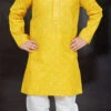 Yellow Blended Cotton Printed Kids Boys Kurta Pyjama Festive Wear
