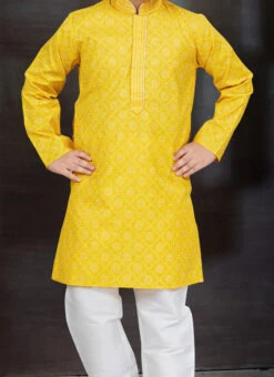 Yellow Blended Cotton Printed Kids Boys Kurta Pyjama Festive Wear