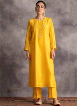 Yellow Chanderi Silk Embroidered Straight Pant Suit Party Wear -C Bazaar Shop yellow chanderi silk embroidered straight pant suit krdvc15 u