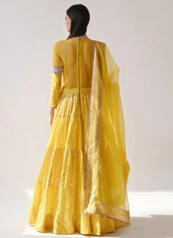 Yellow Chanderi Silk Foil Printed Work Anarkali Suit Wedding Wear -C Bazaar Shop yellow chanderi silk foil printed work anarkali suit sldnk310030 b