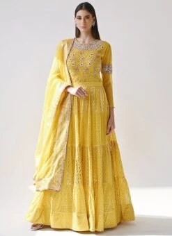 Yellow Chanderi Silk Foil Printed Work Anarkali Suit Wedding Wear -C Bazaar Shop yellow chanderi silk foil printed work anarkali suit sldnk310030 u