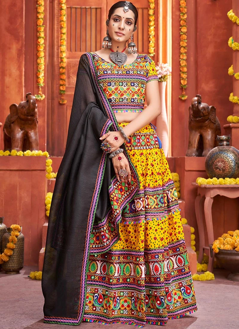 Yellow Cotton Embroidery With Mirror Work Chaniya Choli Festive Wear 3 Yellow Cotton Embroidery With Mirror Work Chaniya Choli Festive Wear - Image 3
