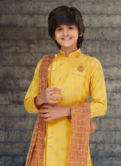 Yellow Cotton Kids Boys Indowestern Sherwani Festive Wear -C Bazaar Shop yellow cotton kids boys indowestern sherwani kdbmss6216 b