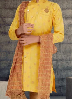 Yellow Cotton Kids Boys Indowestern Sherwani Festive Wear