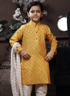 Yellow Cotton Printed Boys Kurta Pyjama Party Wear -C Bazaar Shop yellow cotton printed boys kurta pyjama kdbmss6188 b