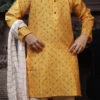 Yellow Cotton Printed Boys Kurta Pyjama Party Wear