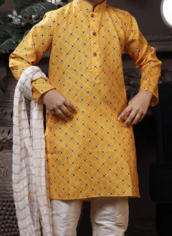 Yellow Cotton Printed Boys Kurta Pyjama Party Wear