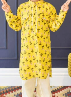 Yellow Cotton Printed Kurta Pyjama Party Wear
