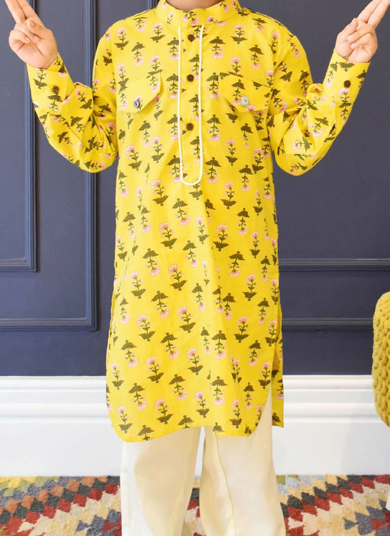 Yellow Cotton Printed Kurta Pyjama Party Wear 1 Yellow Cotton Printed Kurta Pyjama Party Wear