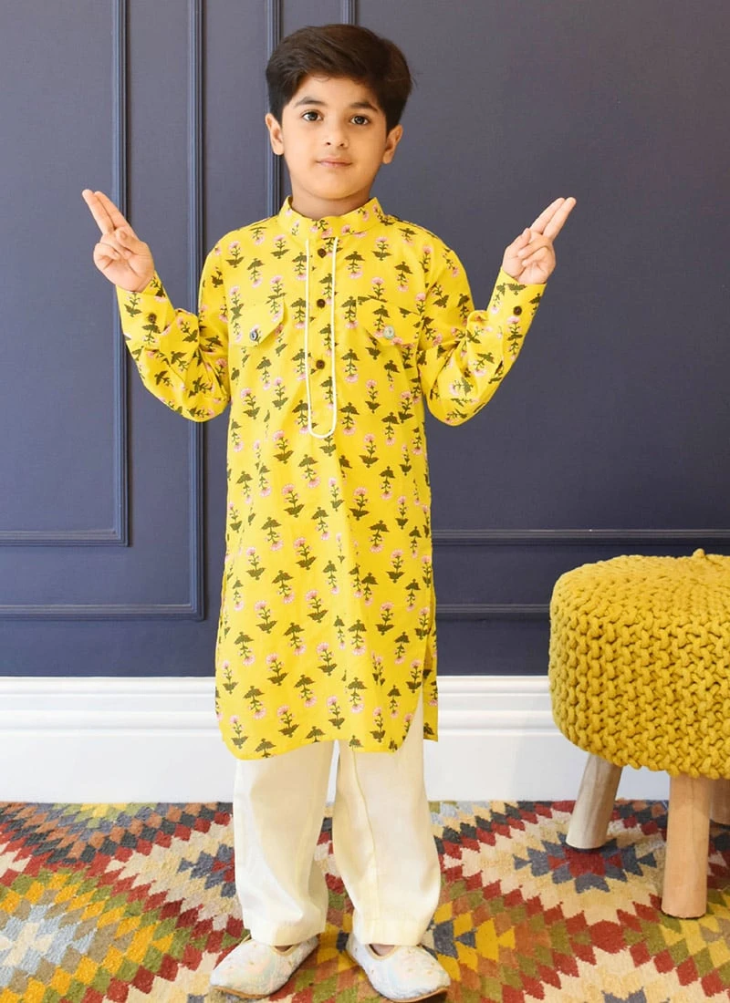 Yellow Cotton Printed Kurta Pyjama Party Wear 2 Yellow Cotton Printed Kurta Pyjama Party Wear - Image 2
