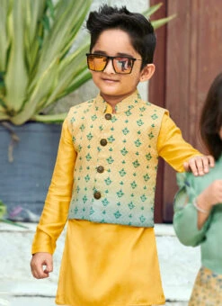 Yellow Cotton Silk Boys Kurta Pyjama -C Bazaar Shop yellow cotton silk boys kurta pyjama kdbsjssb1203 b