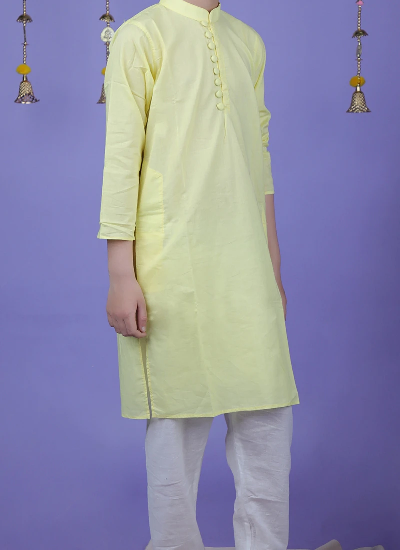 Yellow Cotton Solid Stitched Kurta Pyjama Festive Wear 1 Yellow Cotton Solid Stitched Kurta Pyjama Festive Wear