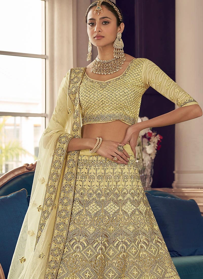 Yellow Crepe Embroidered N Stones A Line Lehenga Wedding Wear 4 Yellow Crepe Embroidered N Stones A Line Lehenga Wedding Wear - Image 4