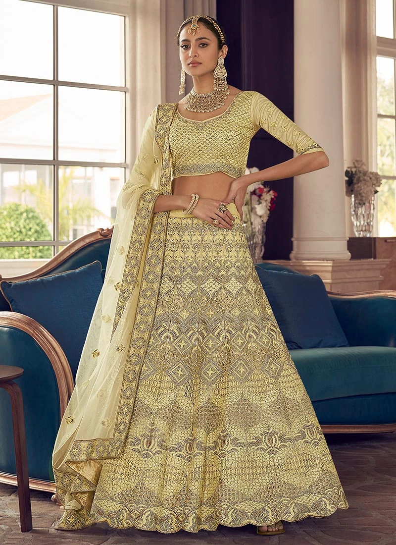 Yellow Crepe Embroidered N Stones A Line Lehenga Wedding Wear 3 Yellow Crepe Embroidered N Stones A Line Lehenga Wedding Wear - Image 3