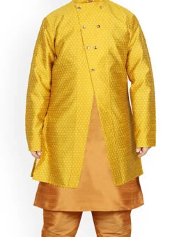 Yellow Dupion Silk Boys Kurta Pyjama Festive Wear