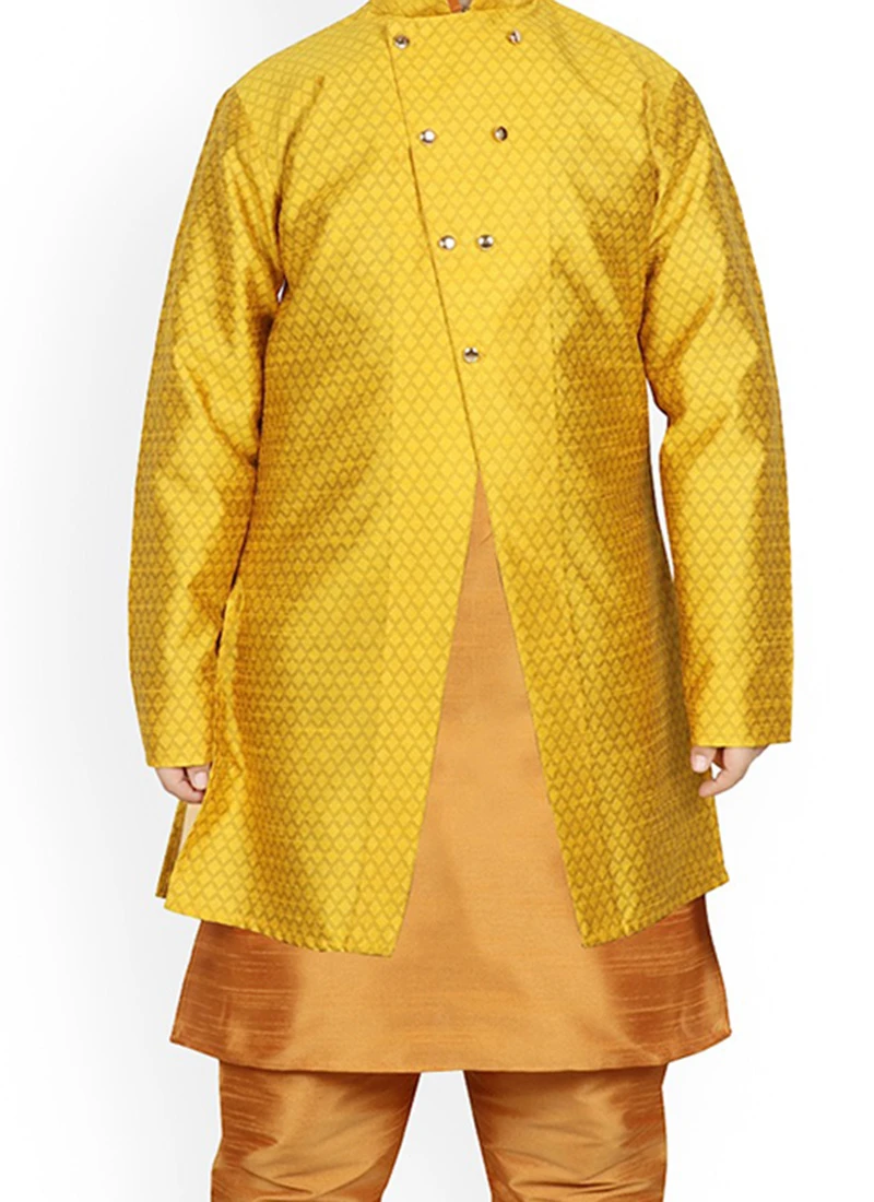 Yellow Dupion Silk Boys Kurta Pyjama Festive Wear 1 Yellow Dupion Silk Boys Kurta Pyjama Festive Wear