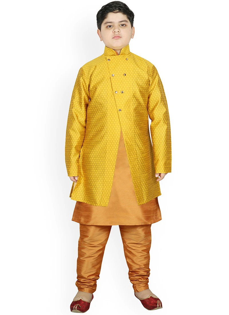 Yellow Dupion Silk Boys Kurta Pyjama Festive Wear 2 Yellow Dupion Silk Boys Kurta Pyjama Festive Wear - Image 2