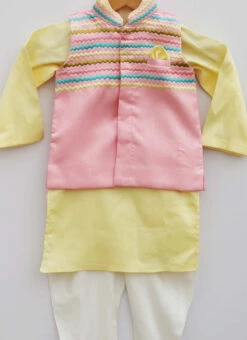 Yellow Dupion Silk N Cotton Embroidery Bandi Set Party Wear