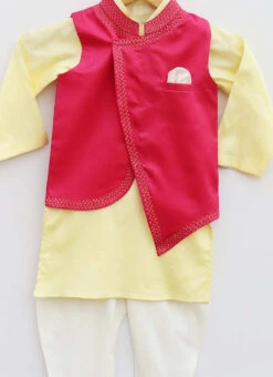 Yellow Dupion Silk N Cottton Bandi Set Party Wear