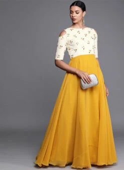 Yellow Embroidered Boat Neckline Gown Festive Wear -C Bazaar Shop yellow embroidered boat neckline gown IWBS01910299 u