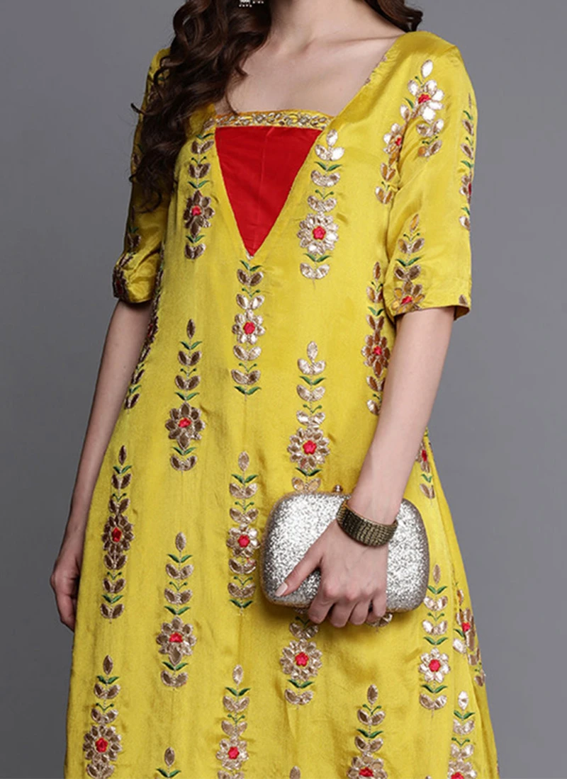 Yellow Embroidered Chinon Kurta Set Festive Wear 1 Yellow Embroidered Chinon Kurta Set Festive Wear