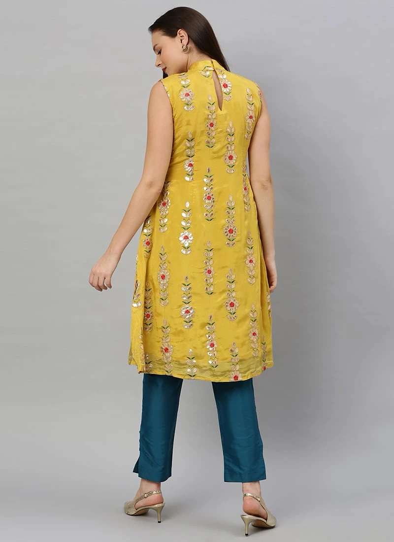 Yellow Embroidered Fabric Kurta Straight Pant Set Festive Wear 4 Yellow Embroidered Fabric Kurta Straight Pant Set Festive Wear - Image 4