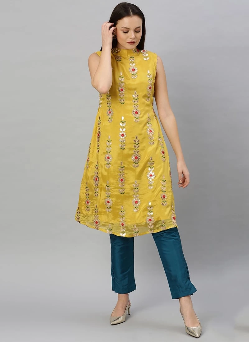 Yellow Embroidered Fabric Kurta Straight Pant Set Festive Wear 3 Yellow Embroidered Fabric Kurta Straight Pant Set Festive Wear - Image 3