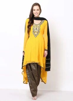 Yellow Georgette Asymmetrical Anarkali Suit -C Bazaar Shop yellow georgette asymmetrical straight suit slnrrm229 u