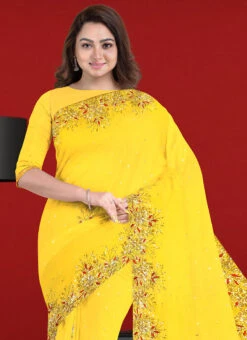 Yellow Georgette Designer Saree Festive Wear -C Bazaar Shop yellow georgette designer saree sadsf3812 b