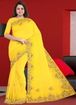 Yellow Georgette Designer Saree Festive Wear -C Bazaar Shop yellow georgette designer saree sadsf3812 u