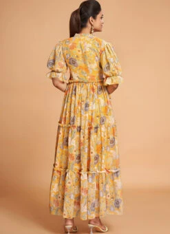 Yellow Georgette Digital Print Fit And Flare Dress After Six Wear -C Bazaar Shop yellow georgette digital print fit and flare dress drsacw9020 b