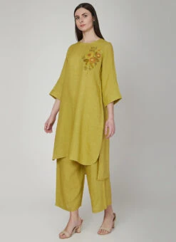 Yellow Green Linen Kurta Palazzo Set Work Wear -C Bazaar Shop yellow green linen kurta palazzo set krsdvcsvts09 u