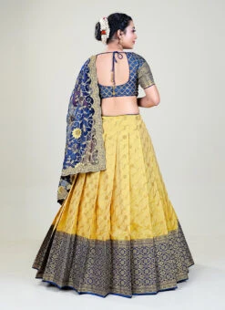 Yellow N Navy Blue Blue Banarasi Silk Zari Work Umbrella Lehenga Festive Wear -C Bazaar Shop yellow n navy blue blue banarasi silk zari work umbrella lehenga ghshss14867ynb b
